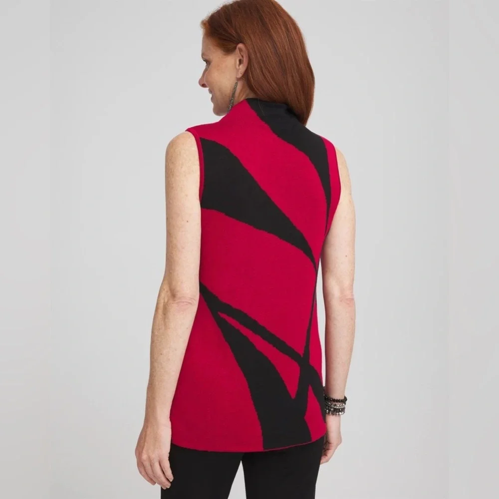 Chico's Travelers Jacquard Mockneck Tank‎ Red and Black Sleeveless Sweater